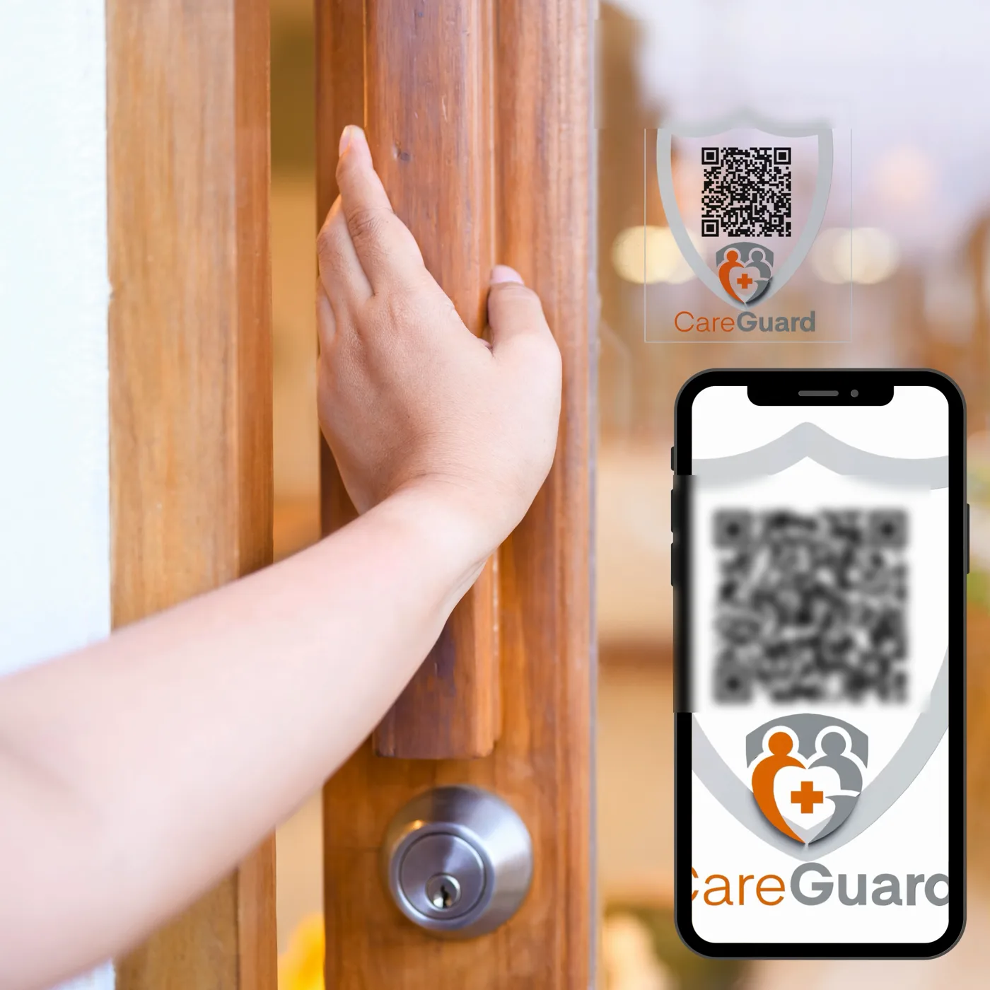 A CareGuard reporting sticker mounted beside a resident room door frame, with the reporting form open on a phone held beside it